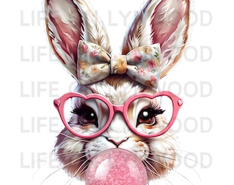 Cute Bubble Gum Bunny With Bow Glasses PNG, Retro Easter PNG, Easter Rabbit Bubble png, Funny Easter png, Easter png, Bunny png