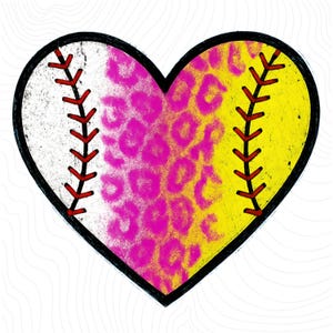 May include: A heart-shaped softball with a pink and yellow leopard print design. The softball has red stitching.