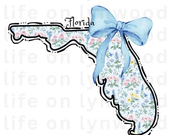 Grandmillennial Florida PNG, FL Png, Coquette png, State png, Preppy png, Boho png, Girly digital, Florida Girl Png, DTF, Floral png