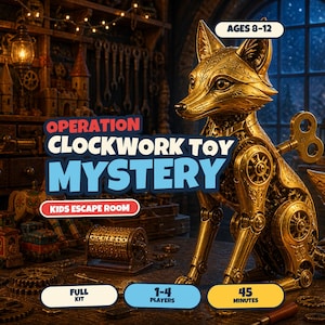 Op de afbeelding: Een gouden mechanisch vossenbeeldje met ingewikkelde tandwieldetails en een opwindsleutel op de rug. De afbeelding bevat de tekst Operation Clockwork Toy Mystery, Ages 8-12, Kids Escape Room, Full Kit, 1-4 Players, 45 Minutes.