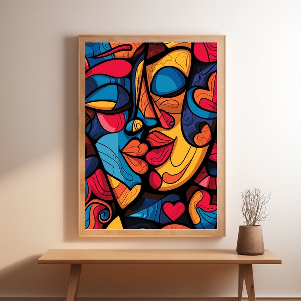 Whispers of Color: Chicano Art Poster - Abstract Man with Caricature Faces, Stained Glass Inspirations, Romantic Illustrations