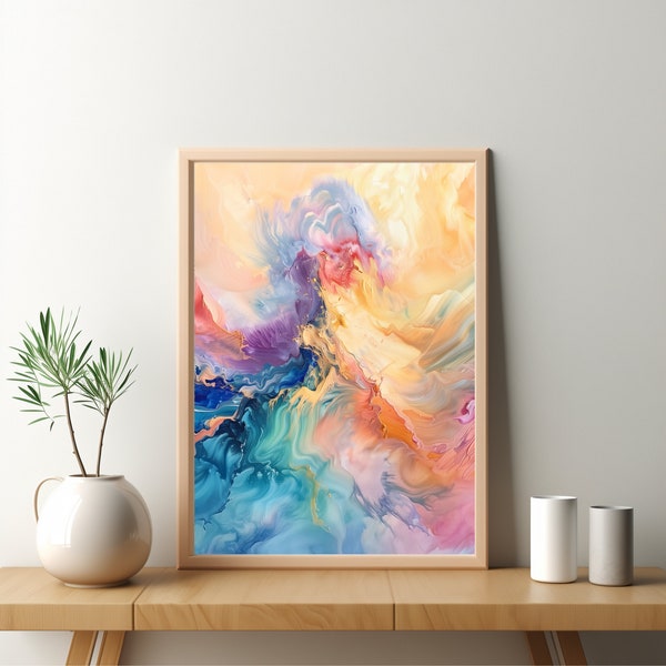 Ethereal Chromatic Symphony: Digital Print - Colorful Abstract Painting, Fluid Gestures, Polished Metamorphosis, Mesmerizing Colorscapes