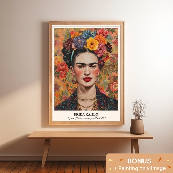 Frida's Floral Vision: Oil Portrait in Fred Tomaselli Style - Digital Print, Dark Yellow & Red, Tim Okamura Inspiration, Street Mural Art