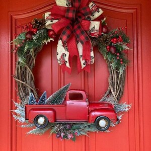 Red Truck Christmas Wreath, Red truck wreath for front door, Christmas wreath with red truck, Red truck grapevine wreath, Front door wreath