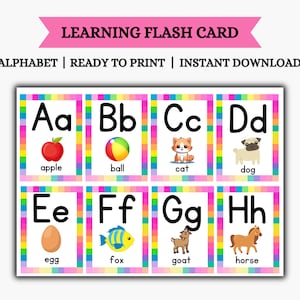 Afdrukbare alfabet Flash Card, 26 ABCs Flashcard, educatieve kaart voor kinderen, klaslokaaldecor, PDF-bestand, direct downloaden