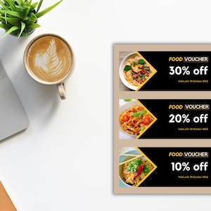 Vale-presente editável, código de cupom, programas de fidelidade em restaurantes, modelo editável, retenção de clientes, descontos em alimentos, download instantâneo