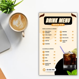 Menú de bebidas editables, Menú de restaurante, Plantilla editable, Selección de cocina, Planificación de menús, Variedad de alimentos, Descarga instantánea