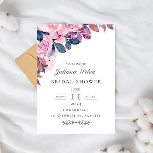 Floral Bridal Shower Invitation Card, Bridal Shower Invites, Editable Bridal Shower Canva Template, Printable Prints, Instant Download