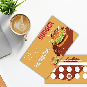 Cartão de fidelidade editável, programas de fidelidade em restaurantes, modelo editável, retenção de clientes, descontos em alimentos, download instantâneo