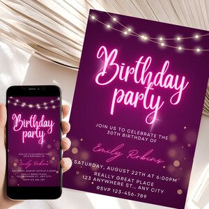 Modèle d’invitation d’anniversaire de lumières roses au néon, Glow Party, Glow In The Dark, Dance Party, Girl Editable, Numérique, Imprimable et personnalisable