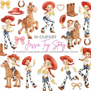 Pode incluir: Uma coleção digital de 85 elementos clipart apresentando uma cowgirl com cabelo ruivo, chapéu vermelho e calças com estampa de vaca, junto com um cavalo marrom, botas de cowboy, ferraduras, laços e corações. O texto diz 85 CLIPART Jessie Toy Story.