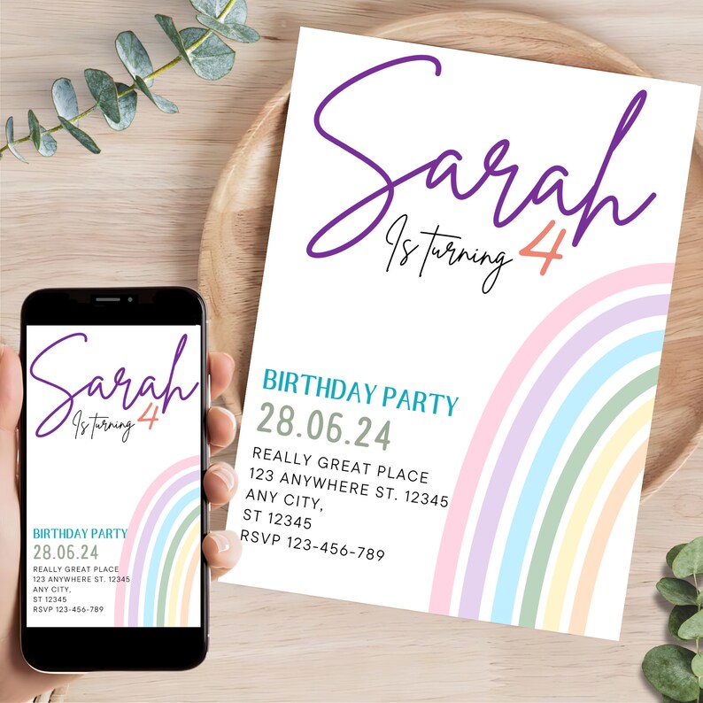 Rainbow Cute Birthday Invitation Template Four Birthdays Minimal Party ...