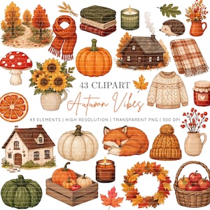 Puede incluir: Una colección de 43 ilustraciones digitales con temática otoñal que incluye calabazas, una cabaña, un zorro, girasoles, un suéter, una bufanda, un gorro, una seta, una corona, una cesta de manzanas, velas y follaje con el texto 43 CLIPART Autumn Vibes.