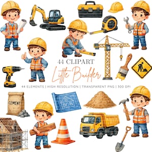 May include: A collection of watercolour illustrations featuring children in yellow hard hats and orange safety vests, construction vehicles like an excavator and dump truck, tools including a drill, hammer, and tape measure, and building site elements.