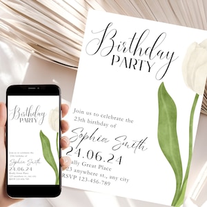 Modello minimale per invito compleanno tulipani | Semplice | Festa minima | Bellissimo invito | Modificabile | Digitale | Stampabile | Personalizzabile