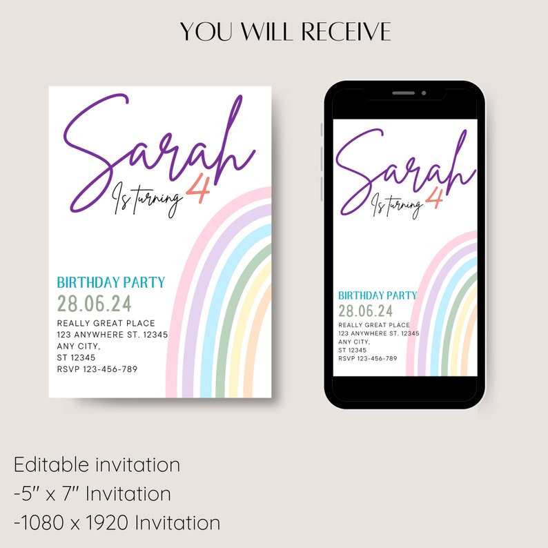 Rainbow Cute Birthday Invitation Template Four Birthdays Minimal Party ...