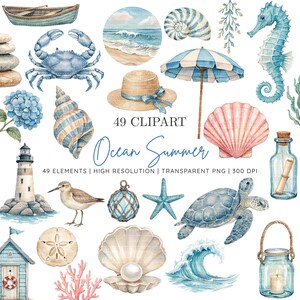 Puede incluir: Una colección de ilustraciones en acuarela con elementos náuticos y de playa, que incluyen un cangrejo azul, un caballito de mar, una tortuga marina, un faro, conchas, un sombrero de paja, una sombrilla, un barco, un mensaje en una botella y un farol.