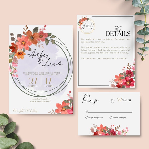 Colorful flowers Wedding Invitation Template set, Wildflower, boho, floral: Editable, Digital, Printable, and Customizable