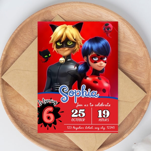 Miraculous Ladybug - Modèle d’invitation d’anniversaire Cat noir : modifiable, numérique, imprimable et personnalisable