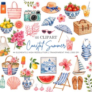 Puede incluir: Una colección de 44 ilustraciones en acuarela con elementos costeros de verano, incluyendo un sombrero de paja, una sombrilla de rayas azules y blancas, una cesta de picnic de mimbre, un velero, conchas, flores tropicales y frutas.