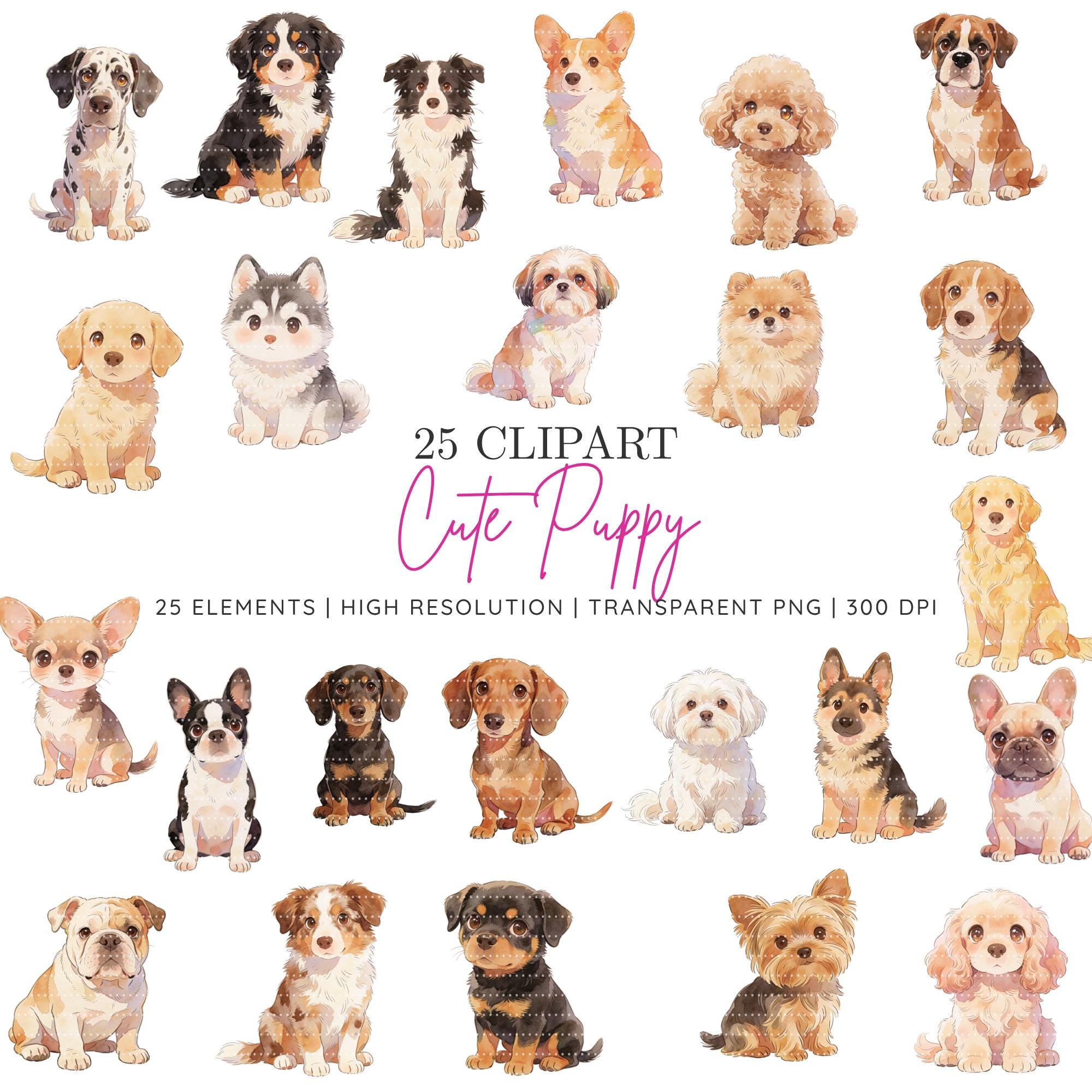 25 Watercolor Dog Clipart Bundle PNG | Cute Puppy Clipart Set | Pet ...