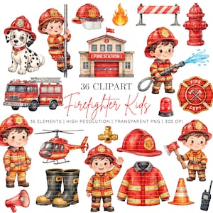 May include: A collection of 36 watercolour clipart elements featuring children dressed as firefighters, a fire station, a fire engine, a helicopter, a dalmatian, a fire hydrant, helmets, boots, a jacket, a traffic cone, and various firefighting tools.