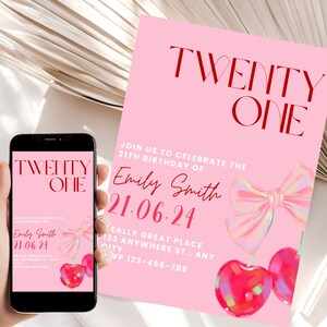 Minimalist Cherry Birthday Invitation, Fancy Pink, twenties invitation, Minimal Invite, Girly, Editable, Digital, printable and customizable