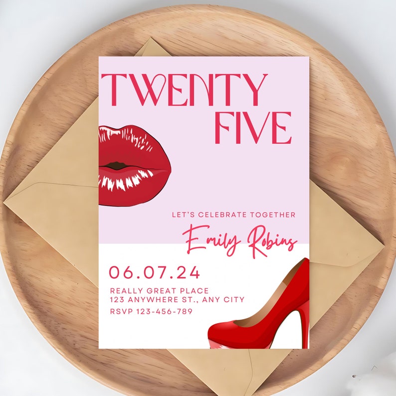 Twenty Five 25th Red and Pink Birthday Invitation, Fancy Pink, Twenties ...