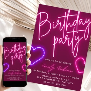 Modèle d’invitation d’anniversaire de lumières roses au néon, fête lumineuse, lueur dans le noir, soirée dansante, fille modifiable, numérique, imprimable et personnalisable