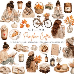 Puede incluir: Una colección de 35 elementos clipart digitales con temas otoñales que incluyen personas con suéteres, calabazas, tazas de café, libros, velas, una bicicleta y follaje de otoño. El texto dice 35 CLIPART Pumpkin Coffee 35 ELEMENTS.
