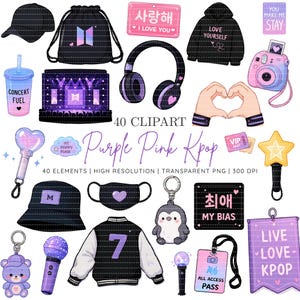 Puede incluir: Una colección de 40 elementos digitales tipo clipart con temática K-pop en tonos morados y rosas. Incluye una gorra, mochila de cuerdas, sudadera con capucha, auriculares, cámara instantánea, vaso de concierto, lightsticks y mascarillas.