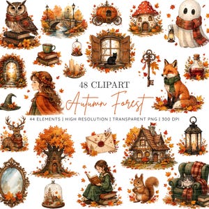 Autumn Storybook Fantasy Clipart Bundle, Cozy Fall, Enchanted Forest Clipart, Witchy Cottagecore Digital Download, Autumn Sublimation
