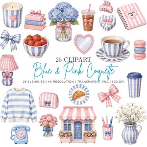 Puede incluir: Una colección de 25 ilustraciones digitales clipart con patrones de rayas azules y rosas, que incluye una vela, libros, un ramo de hortensias, café helado, una caja en forma de corazón, un cuaderno, un lazo, un tazón de fresas, un espejo, una taza de té, una lámpara, un suéter, un estuche, un croissant, un teléfono, rosas, un escaparate y lápices.