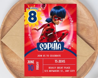 Modèle d’invitation d’anniversaire Miraculous Ladybug : modifiable, numérique, imprimable et personnalisable