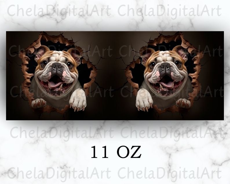 3D Bulldog Hole in a Wall Mug Wrap, 11oz and 15oz Mug Template, Mug Sublimation Design, Dog Mug Wrap Template, Instant Digital Download PNG image 2