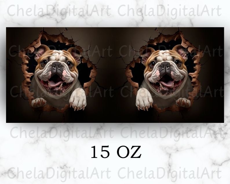 3D Bulldog Hole in a Wall Mug Wrap, 11oz and 15oz Mug Template, Mug Sublimation Design, Dog Mug Wrap Template, Instant Digital Download PNG image 3