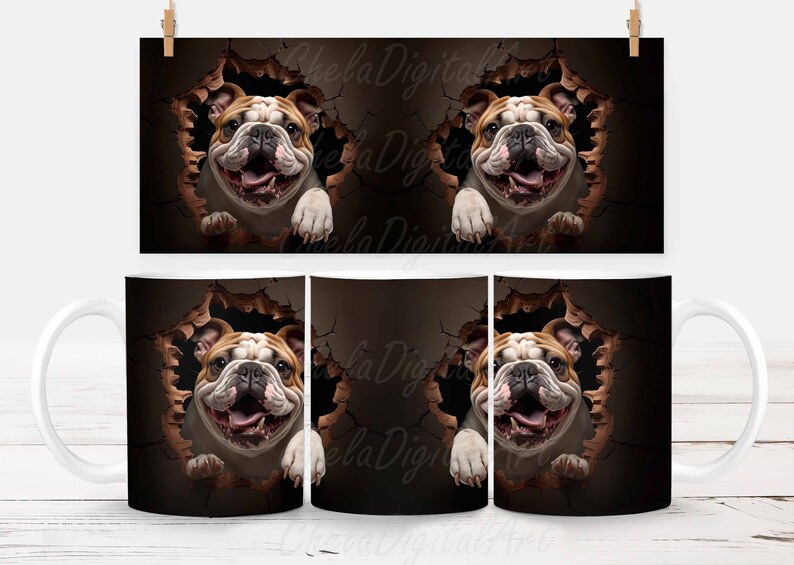 3D Bulldog Hole in a Wall Mug Wrap, 11oz and 15oz Mug Template, Mug Sublimation Design, Dog Mug Wrap Template, Instant Digital Download PNG image 4
