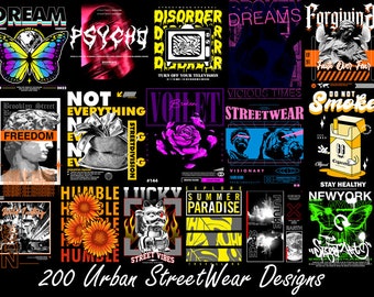 200+ Premium Streetwear Urban Style Design Pack, Modern T-shirt Design Pack, Pop Culture, Urban Clothing, T-shirt Print Design, DTF, DTG