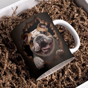 3D Bulldog Hole in a Wall Mug Wrap, 11oz and 15oz Mug Template, Mug Sublimation Design, Dog Mug Wrap Template, Instant Digital Download PNG image 1