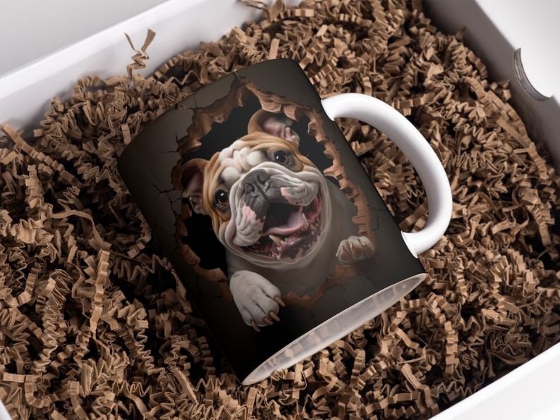 3D Bulldog Hole in a Wall Mug Wrap, 11oz and 15oz Mug Template, Mug Sublimation Design, Dog Mug Wrap Template, Instant Digital Download PNG image 1