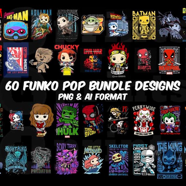 60 Pop Culture Funko Designs, Sublimation, DTF, DTG, Png, Cartoon Editable Digital Download Bundle, Vector Format
