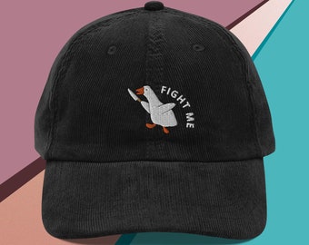 Geborduurde Silly Goose corduroy hoed, schattige gans met mes Meme cadeau, Funny Fight Me geborduurde papa hoed Unisex vintage baseballcap cadeau