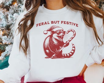 Possum Christmas Sweatshirt Funny Xmas Sweater Feral But Festive Opossum Meme Sweater Vintage Animal Santa Crewneck Possum Lover Gift