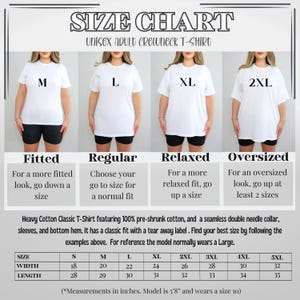 May include: Size chart for unisex adult crewneck t-shirts. The chart shows different fits: fitted, regular, relaxed, and oversized. It includes measurements in inches for width and length for sizes S through 5XL. The model is 5'8" and wears a size 10.