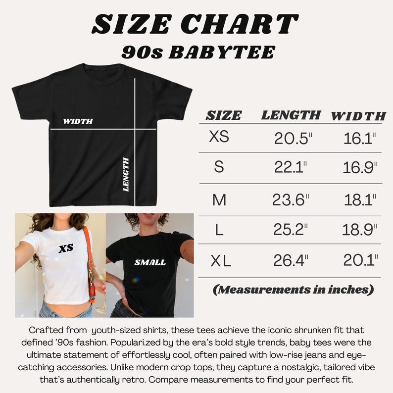 Pode incluir: Tabela de tamanhos para uma camiseta baby dos anos 90, mostrando as medidas em polegadas para os tamanhos XS, S, M, L e XL. A tabela inclui as medidas de comprimento e largura para cada tamanho.