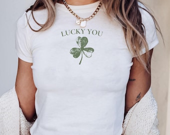 Lucky You St. Patricks Day Baby Tee Y2K Coquette Esthetic Shamrock Baby Tee Leuke St Paddy-outfit Lucky Girl Baby Tee Iers damesshirt