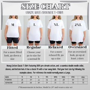 Puede incluir: Tabla de tallas para una camiseta de cuello redondo unisex para adultos. La tabla muestra los diferentes tama&ntilde;os disponibles, de la S a la 5XL, y las medidas de ancho y largo correspondientes en pulgadas. La tabla tambi&eacute;n incluye descripciones de los diferentes ajustes, como ajustado, regular, relajado y de gran tama&ntilde;o.