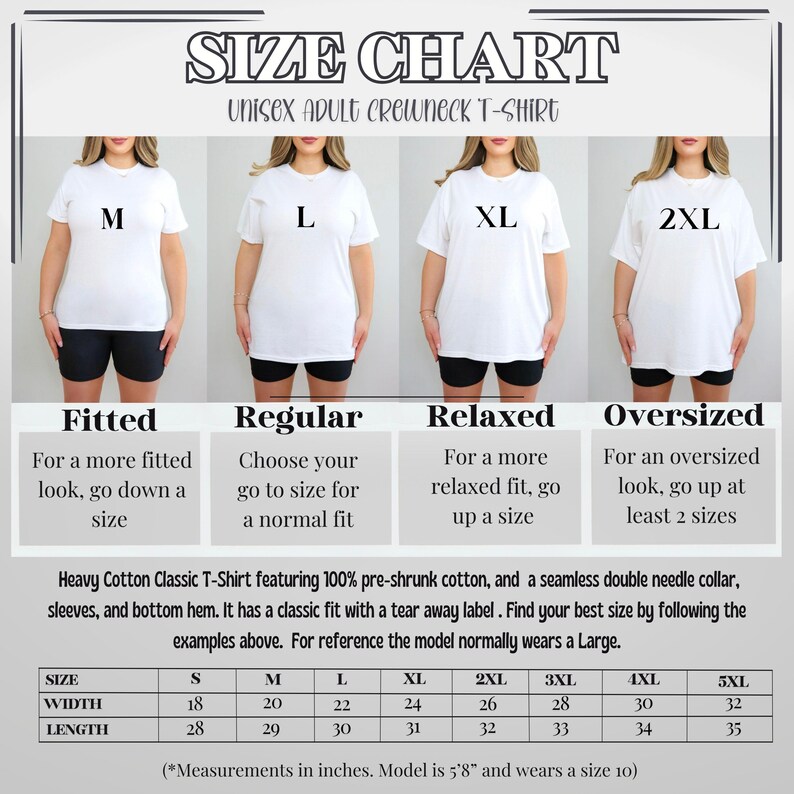 Puede incluir: Tabla de tallas para una camiseta de cuello redondo unisex para adultos. La tabla muestra los diferentes tama&ntilde;os disponibles, de la S a la 5XL, y las medidas de ancho y largo correspondientes en pulgadas. La tabla tambi&eacute;n incluye descripciones de los diferentes ajustes, como ajustado, regular, relajado y de gran tama&ntilde;o.