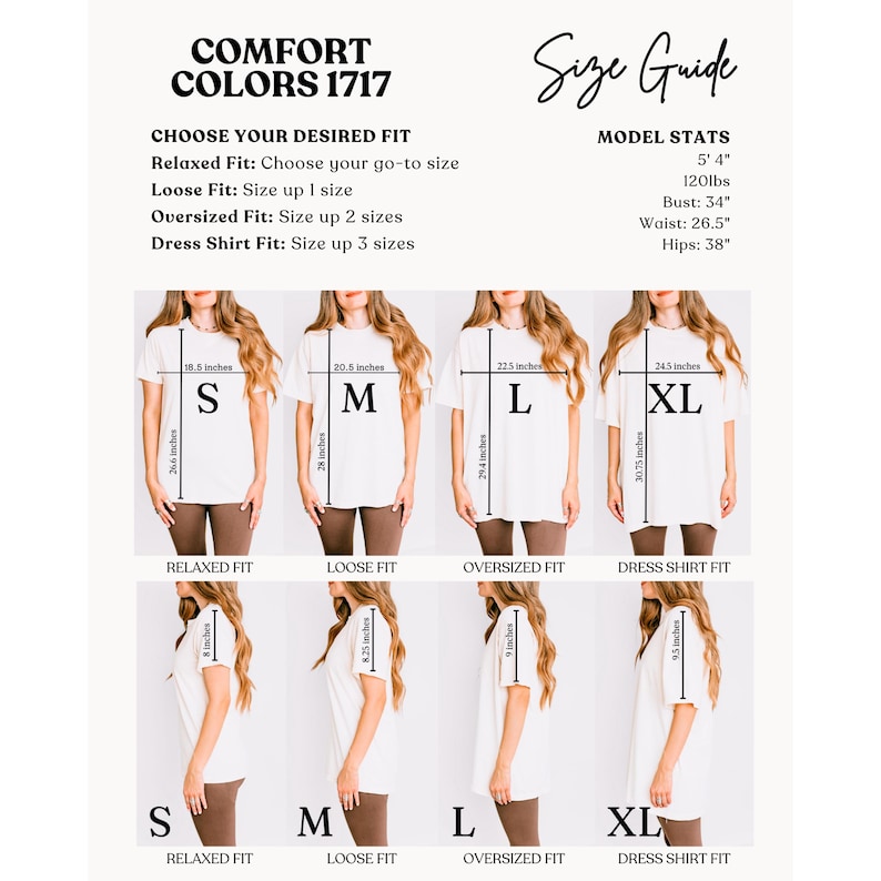 May include: A size guide for t-shirts, featuring white shirts in sizes S, M, L, and XL. The guide includes measurements in inches for relaxed, loose, oversized, and dress shirt fits. The text "COMFORT COLORS 1717" is at the top.
