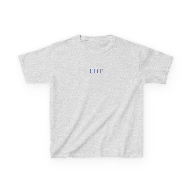 Ash grey anti Trump baby tee with minimalist FDT text. Feminist political tshirt for women, ideal gift for activist or liberal.